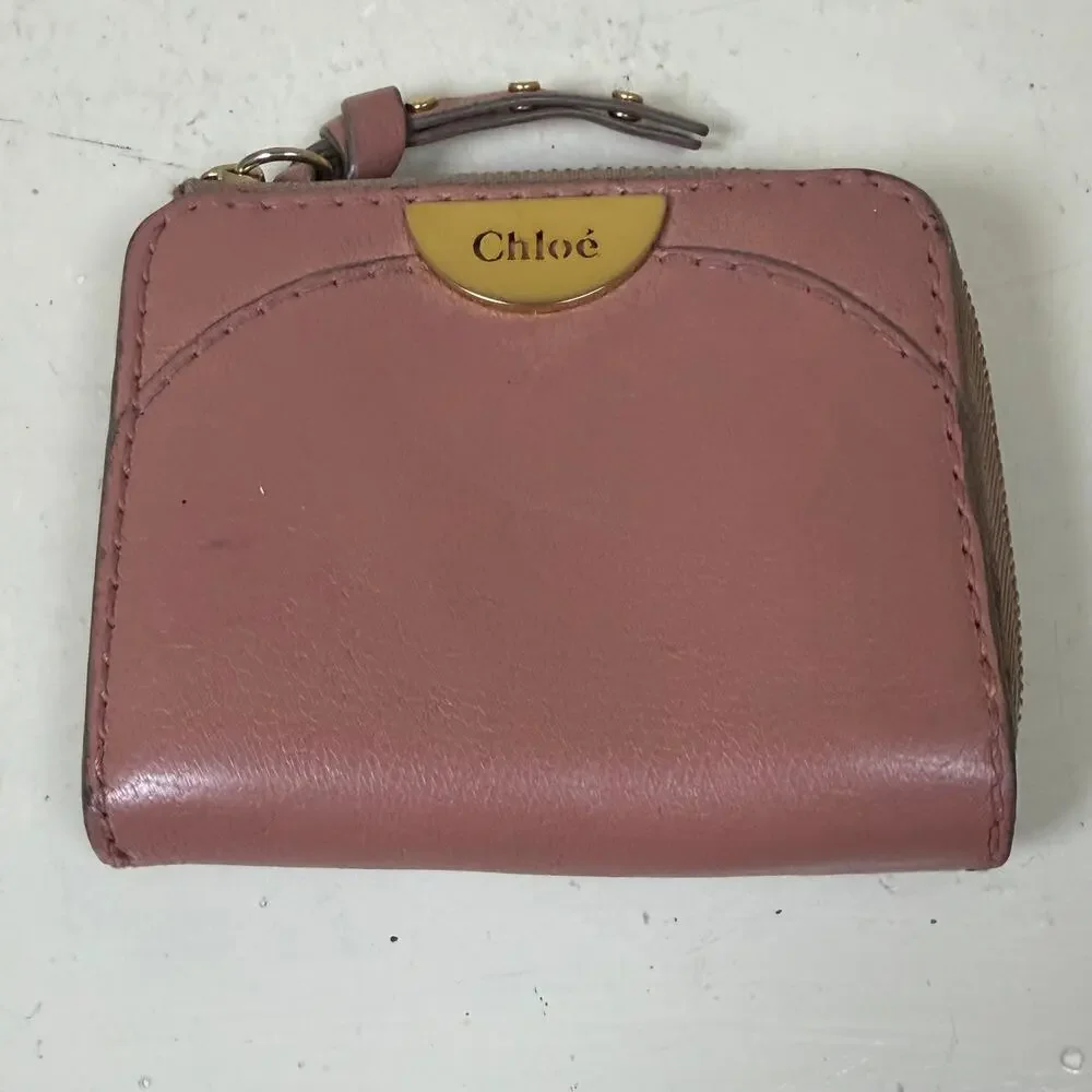 Authentic Chloe pink leather compact wallet gold toned plaque zip around closure